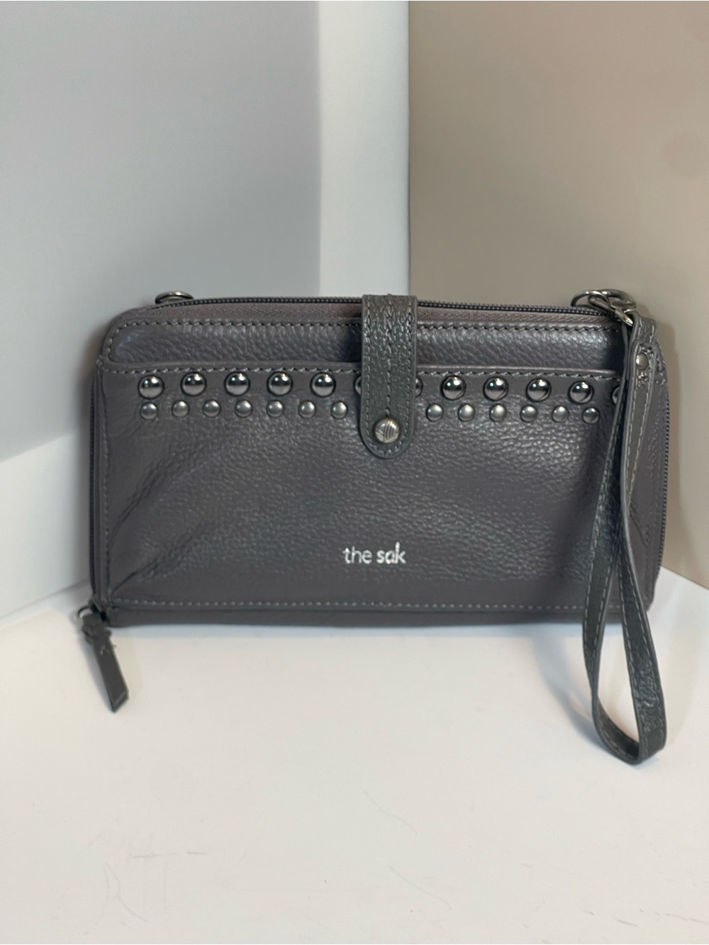 The Sak Iris Gray Leather Studded Large Smartphone Zipped Wallet Wristlet Clutch